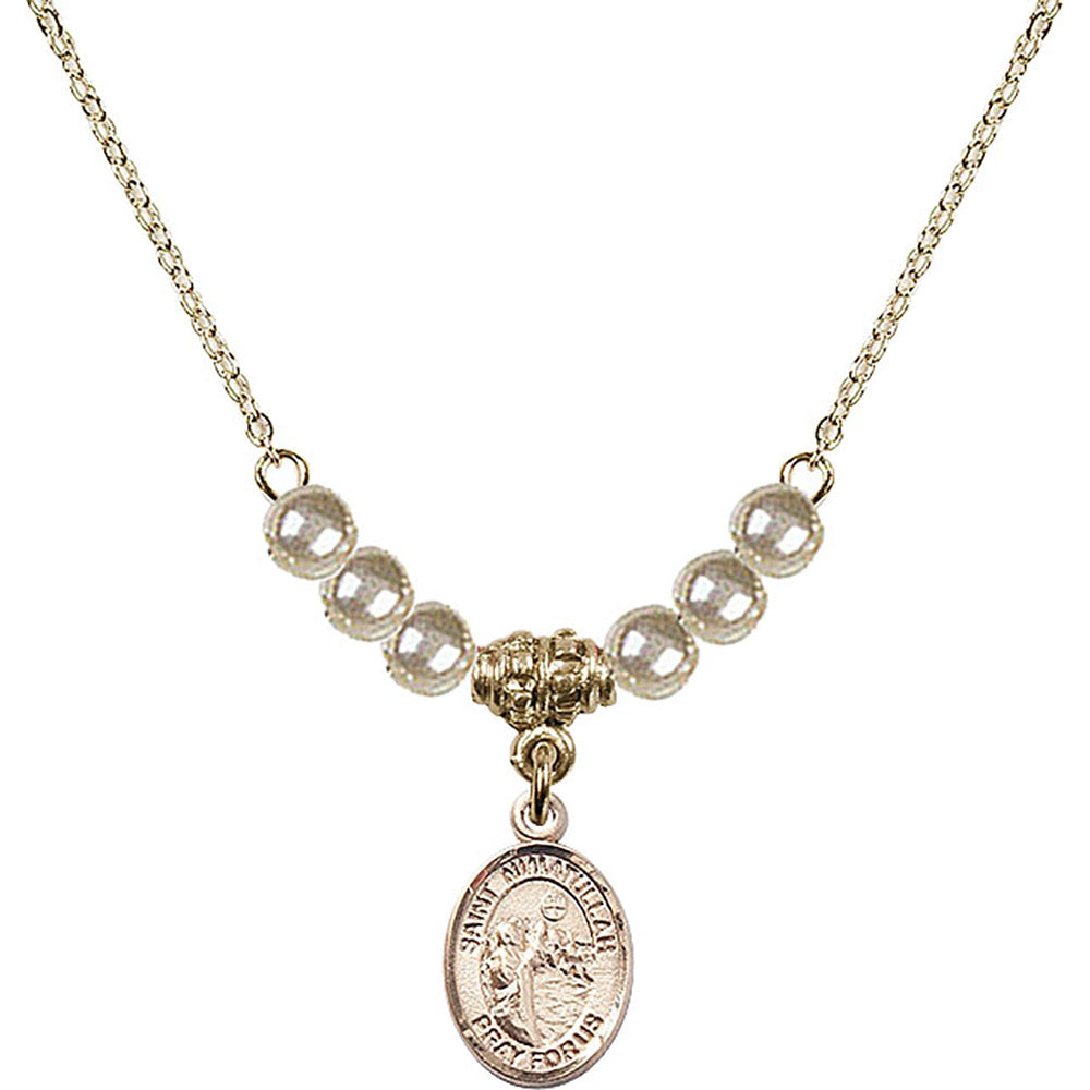 14kt Gold Filled Saint Nimatullah Birthstone Necklace with Faux-Pearl Beads - 9339
