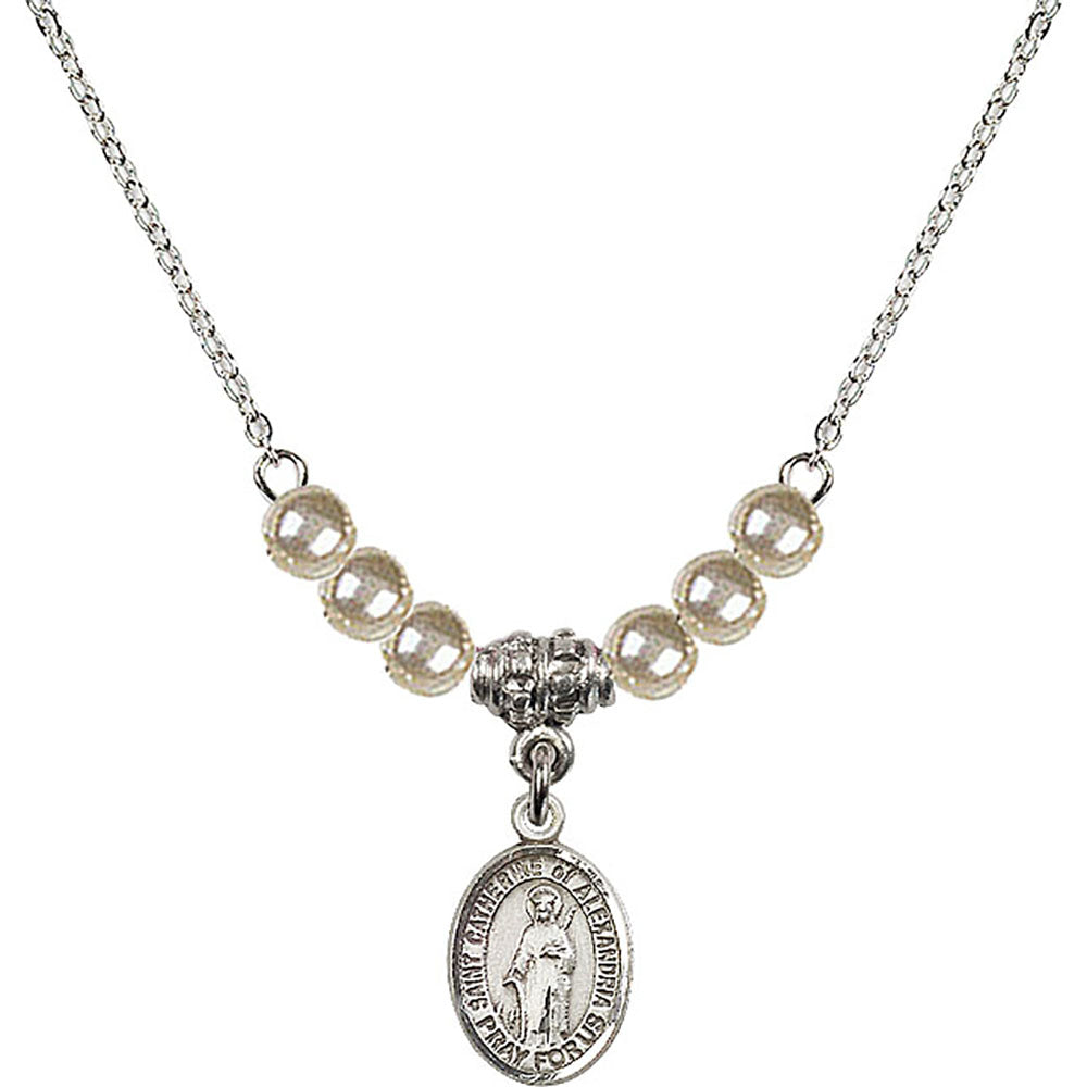 Sterling Silver Saint Catherine of Alexandria Birthstone Necklace with Faux-Pearl Beads - 9343