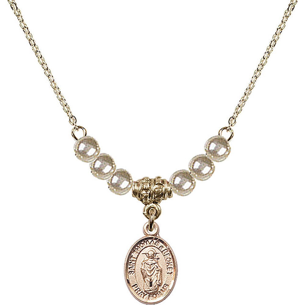 14kt Gold Filled Saint Thomas A Becket Birthstone Necklace with Faux-Pearl Beads - 9344