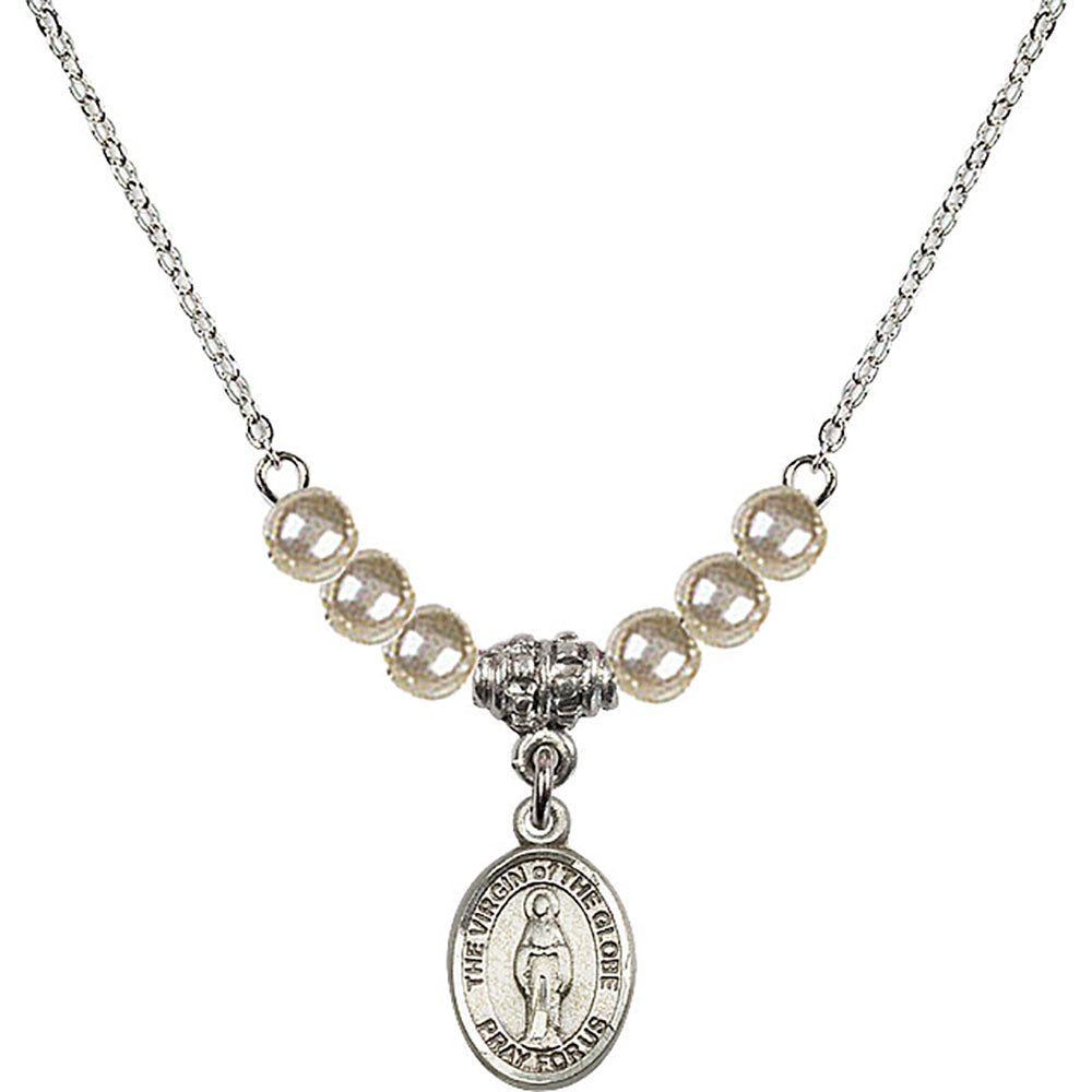 Sterling Silver Virgin of the Globe Birthstone Necklace with Faux-Pearl Beads - 9345