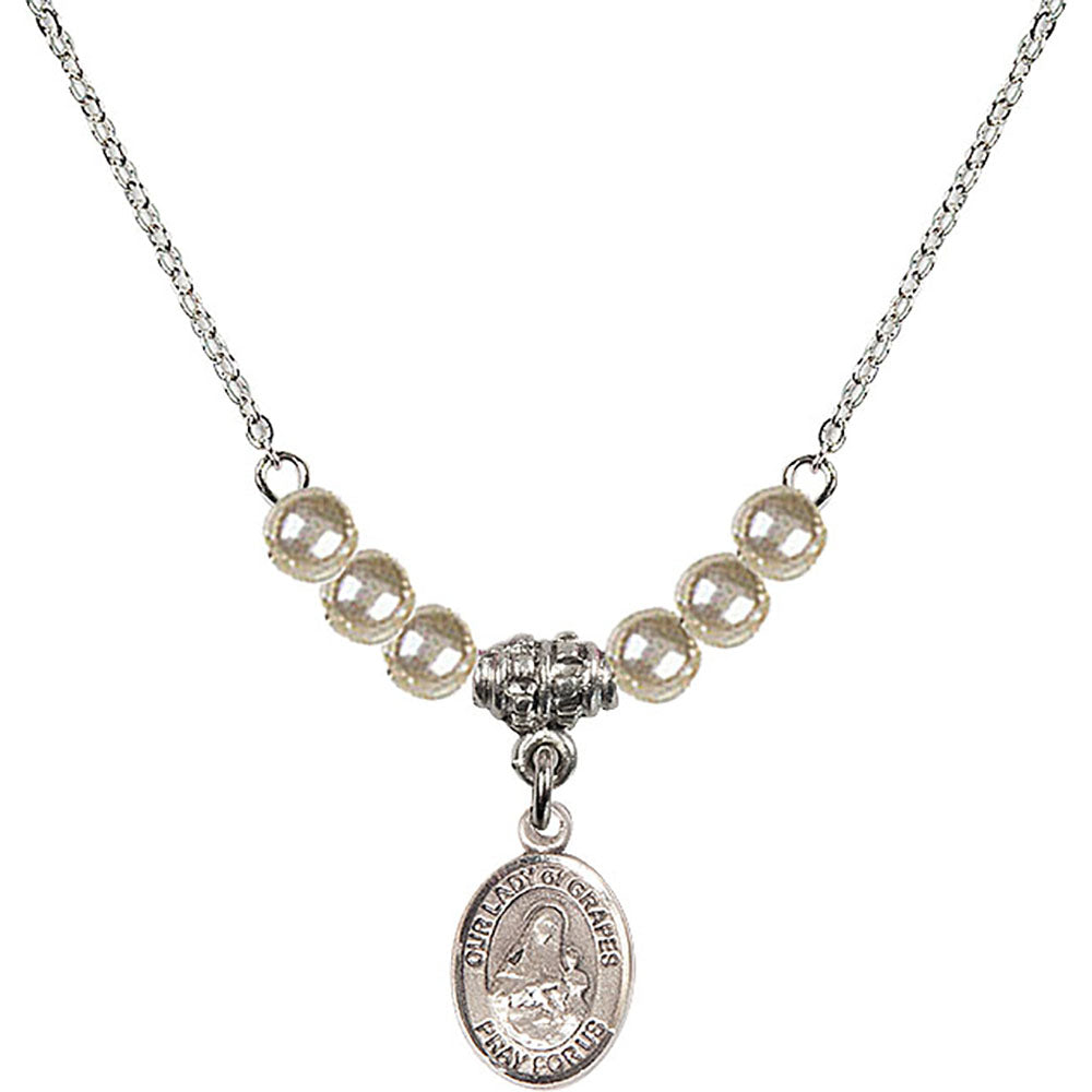 Sterling Silver Our Lady of Grapes Birthstone Necklace with Faux-Pearl Beads - 9347