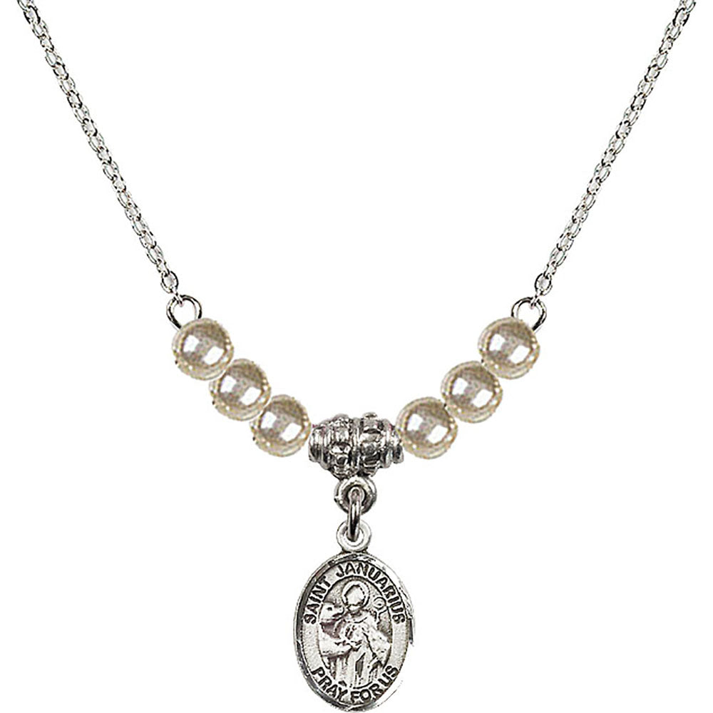 Sterling Silver Saint Januarius Birthstone Necklace with Faux-Pearl Beads - 9351