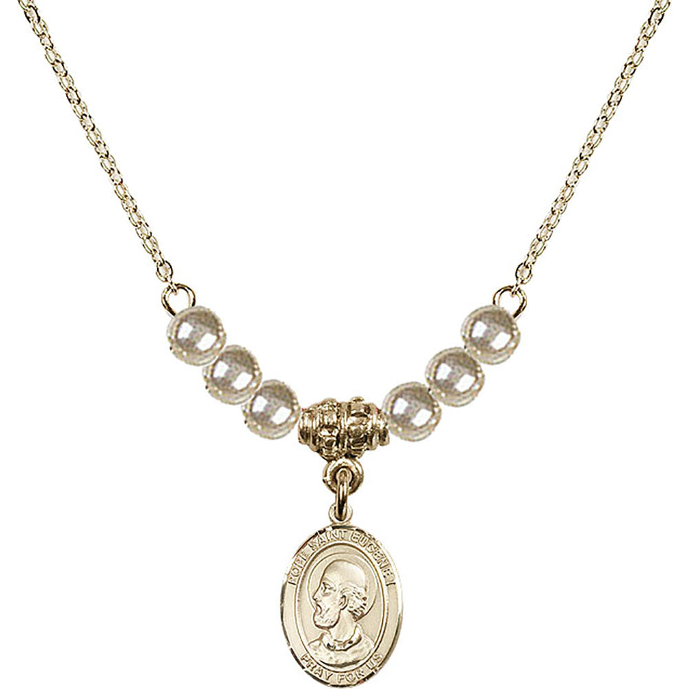 14kt Gold Filled Pope Saint Eugene I Birthstone Necklace with Faux-Pearl Beads - 9352