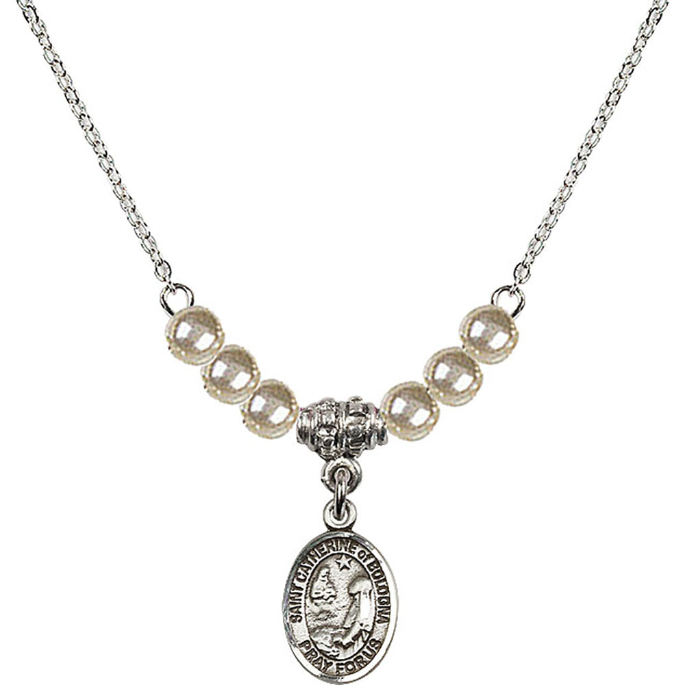 Sterling Silver Saint Catherine of Bologna Birthstone Necklace with Faux-Pearl Beads - 9354
