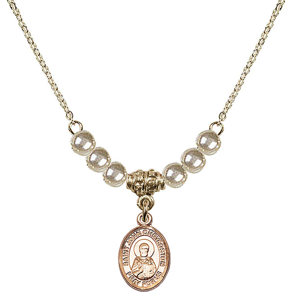 14kt Gold Filled Saint John Chrysostom Birthstone Necklace with Faux-Pearl Beads - 9357