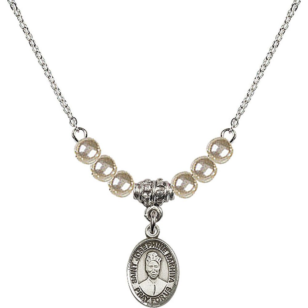Sterling Silver Saint Josephine Bakhita Birthstone Necklace with Faux-Pearl Beads - 9360