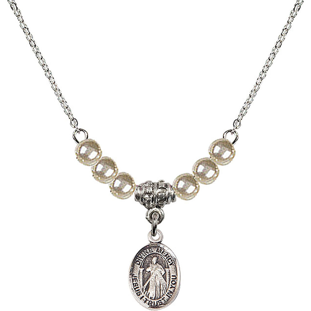 Sterling Silver Divine Mercy Birthstone Necklace with Faux-Pearl Beads - 9366