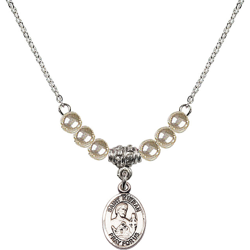 Sterling Silver Saint Kieran Birthstone Necklace with Faux-Pearl Beads - 9367