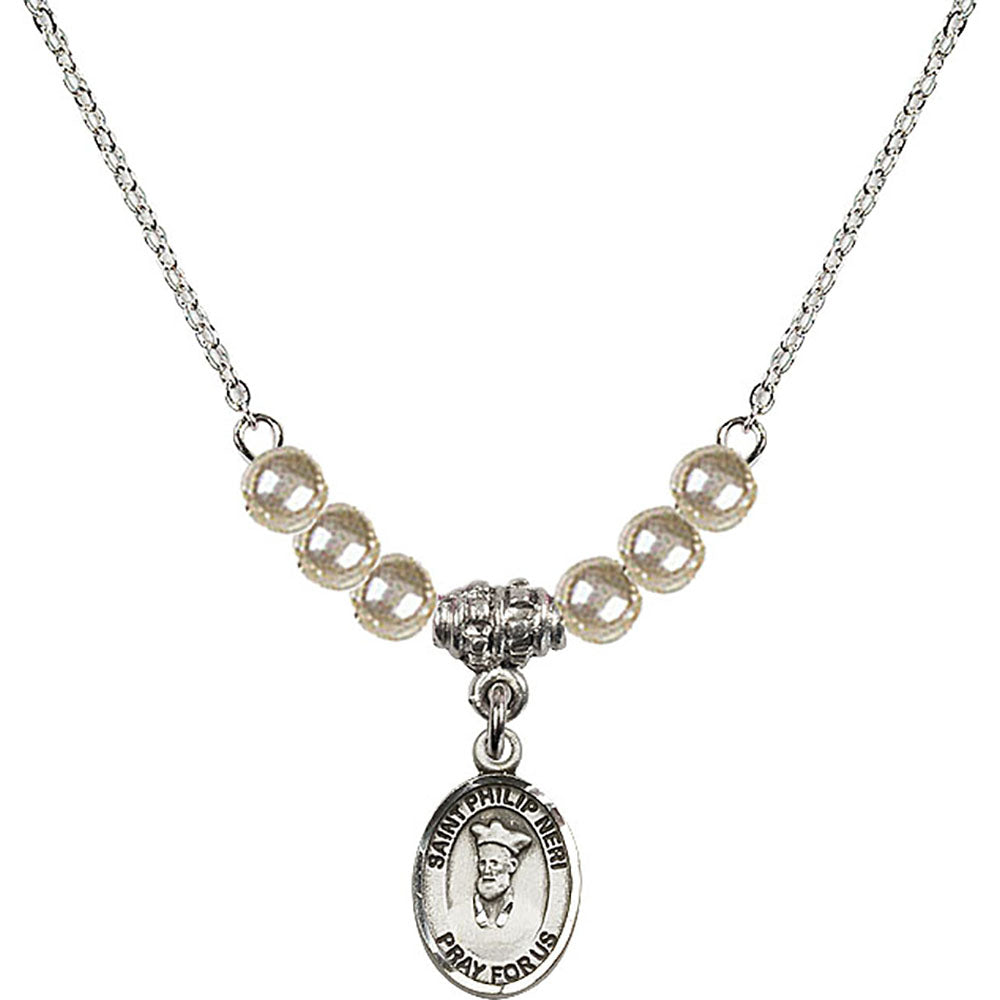 Sterling Silver Saint Philip Neri Birthstone Necklace with Faux-Pearl Beads - 9369