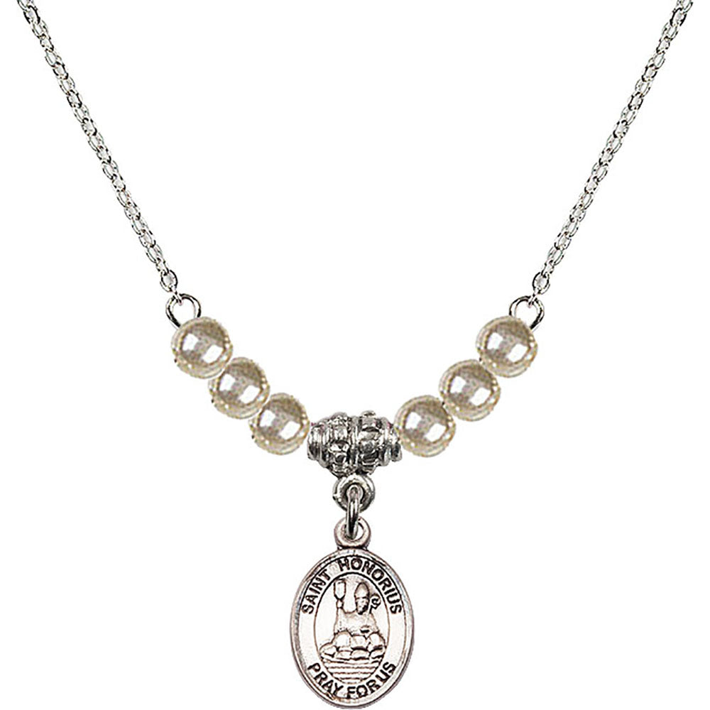 Sterling Silver Saint Honorius of Amiens Birthstone Necklace with Faux-Pearl Beads - 9376