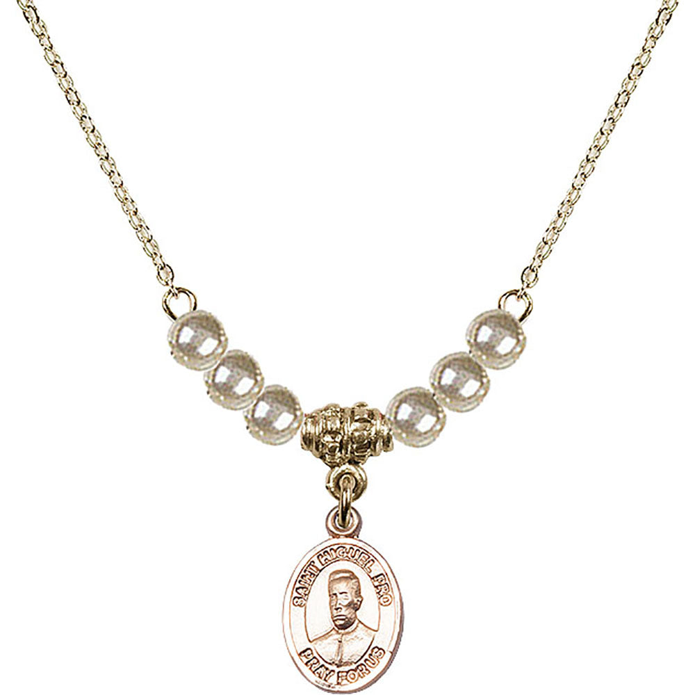 14kt Gold Filled Blessed Miguel Pro Birthstone Necklace with Faux-Pearl Beads - 9389