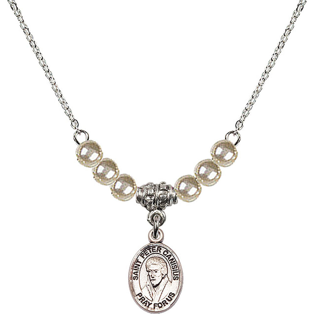Sterling Silver Saint Peter Canisius Birthstone Necklace with Faux-Pearl Beads - 9393