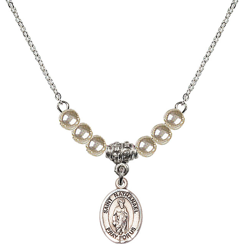 Sterling Silver Saint Nathanael Birthstone Necklace with Faux-Pearl Beads - 9398