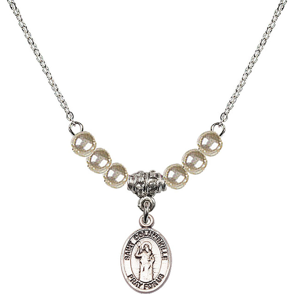 Sterling Silver Saint Columbkille Birthstone Necklace with Faux-Pearl Beads - 9399