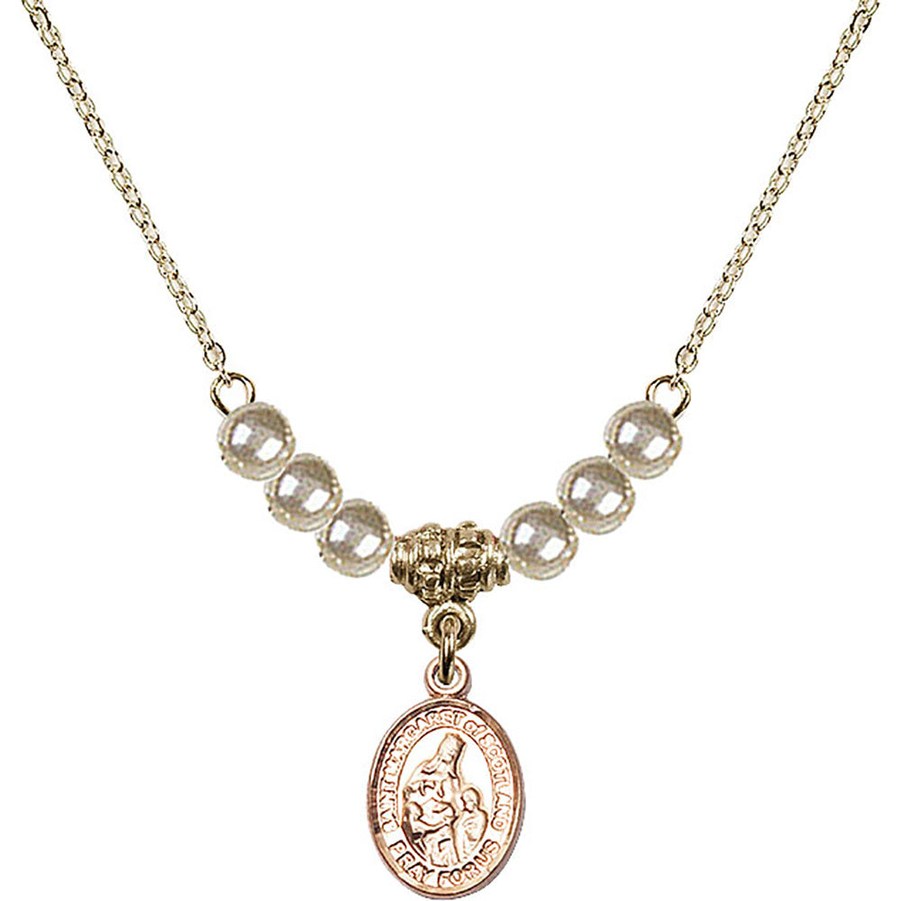 14kt Gold Filled Saint Margaret of Scotland Birthstone Necklace with Faux-Pearl Beads - 9407