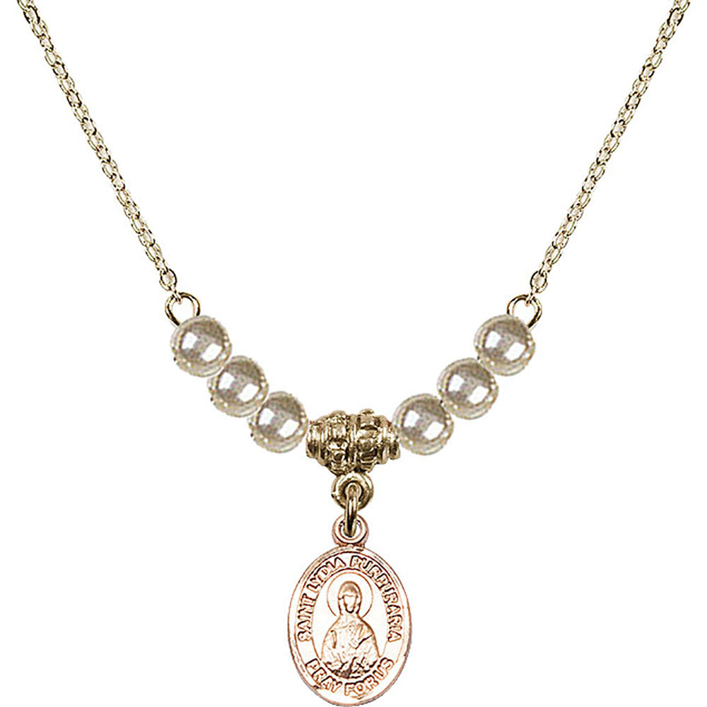 14kt Gold Filled Saint Lydia Purpuraria Birthstone Necklace with Faux-Pearl Beads - 9411