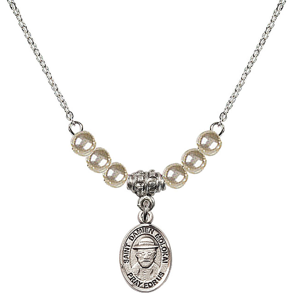 Sterling Silver Saint Damien of Molokai Birthstone Necklace with Faux-Pearl Beads - 9412