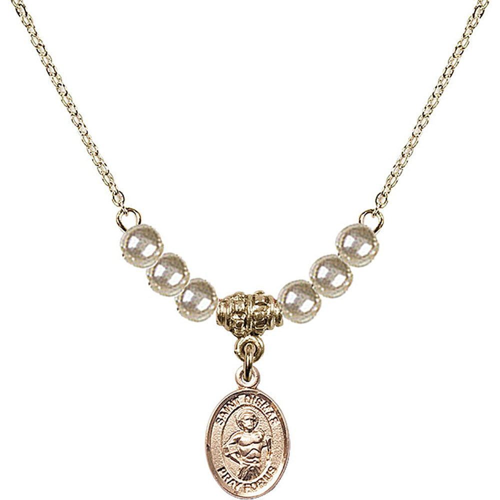 14kt Gold Filled Saint Dismas Birthstone Necklace with Faux-Pearl Beads - 9418