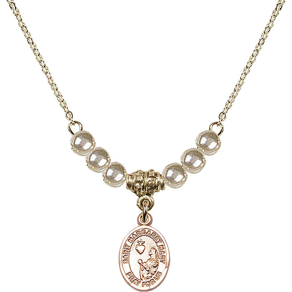 14kt Gold Filled Saint Margaret Mary Alacoque Birthstone Necklace with Faux-Pearl Beads - 9420