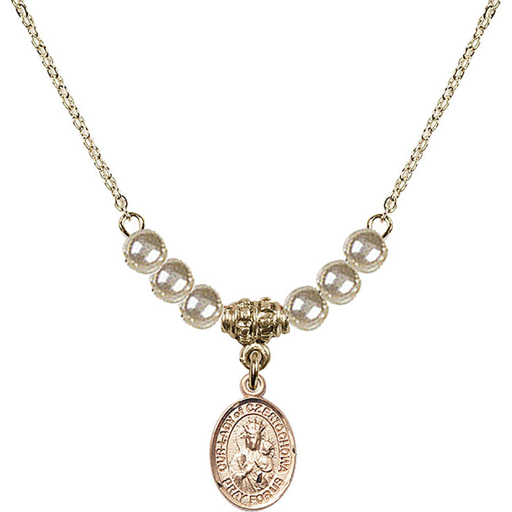 14kt Gold Filled Our Lady of Czestochowa Birthstone Necklace with Faux-Pearl Beads - 9421