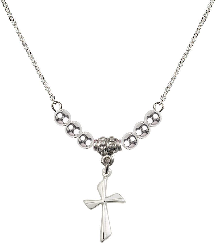 Sterling Silver Cross Birthstone Necklace with Sterling Silver Beads - 0016