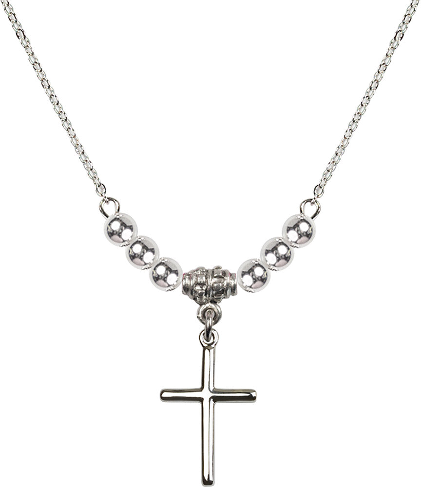 Sterling Silver Cross Birthstone Necklace with Sterling Silver Beads - 0017