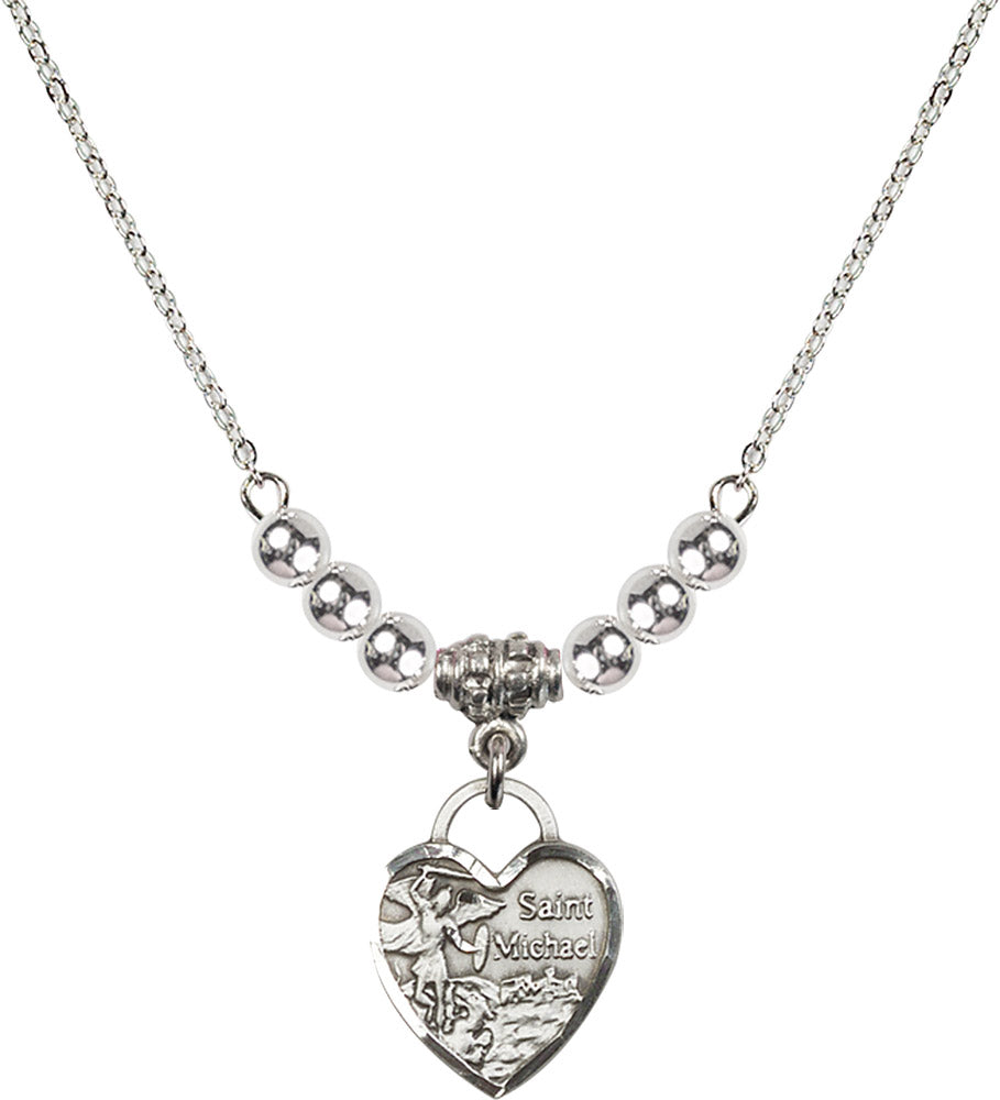 Sterling Silver Saint Michael Heart Birthstone Necklace with Sterling Silver Beads - 3403