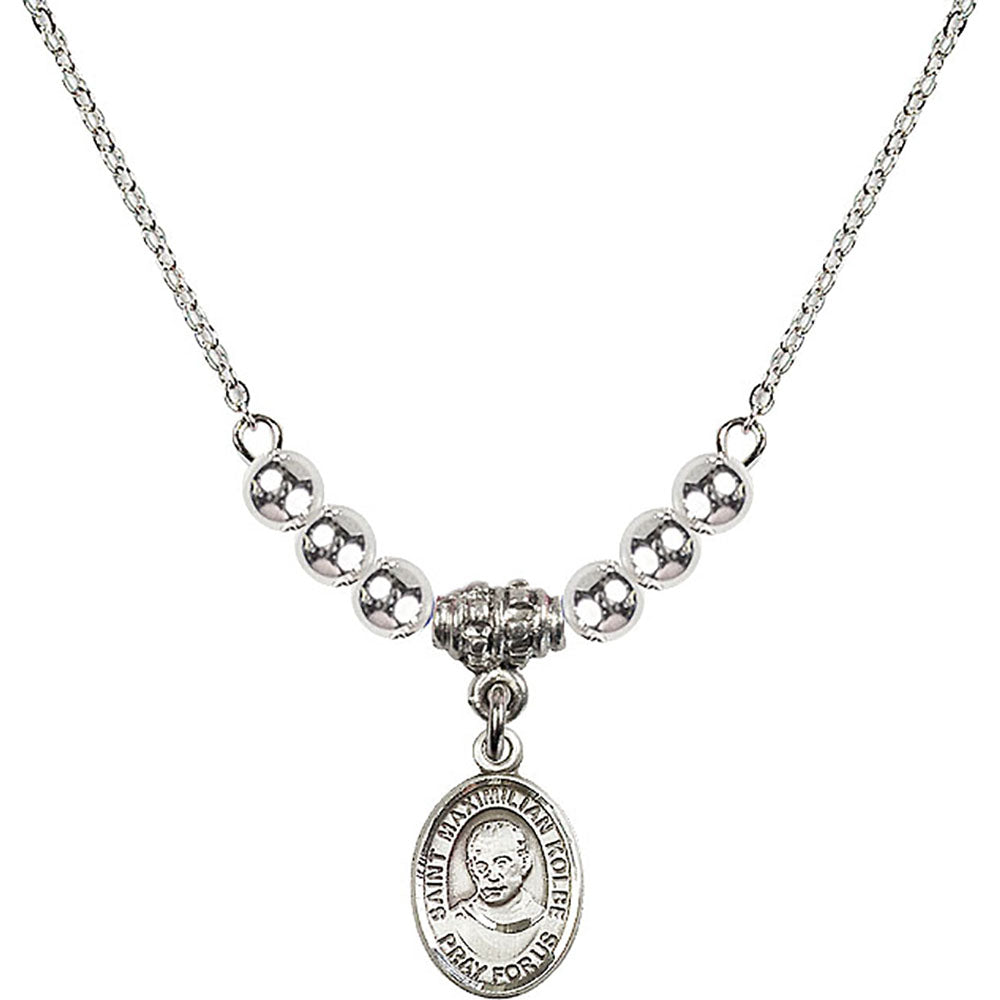 Sterling Silver Saint Maximilian Kolbe Birthstone Necklace with Sterling Silver Beads - 9073