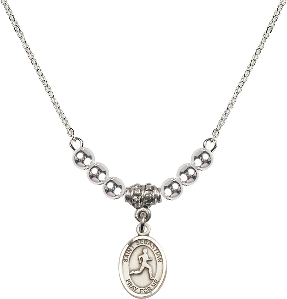Sterling Silver Saint Sebastian/Track & Field Birthstone Necklace with Sterling Silver Beads - 9176