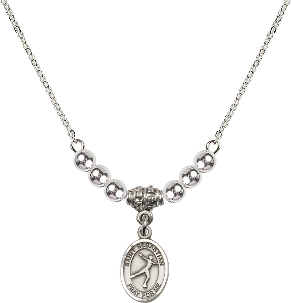 Sterling Silver Saint Sebastian/Figure Skating Birthstone Necklace with Sterling Silver Beads - 9177