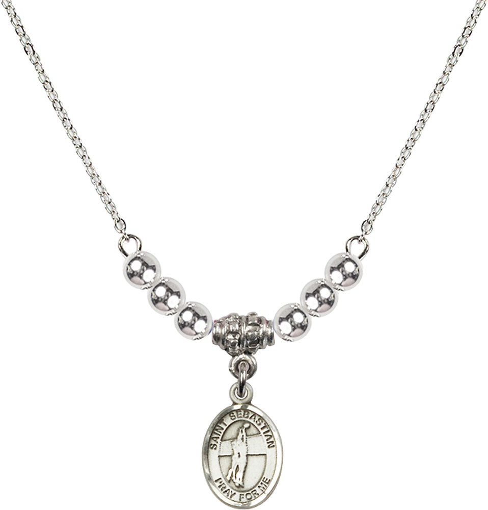Sterling Silver Saint Sebastian / Volleyball Birthstone Necklace with Sterling Silver Beads - 9186