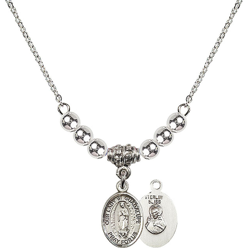 Sterling Silver Our Lady of Guadalupe Birthstone Necklace with Sterling Silver Beads - 9206