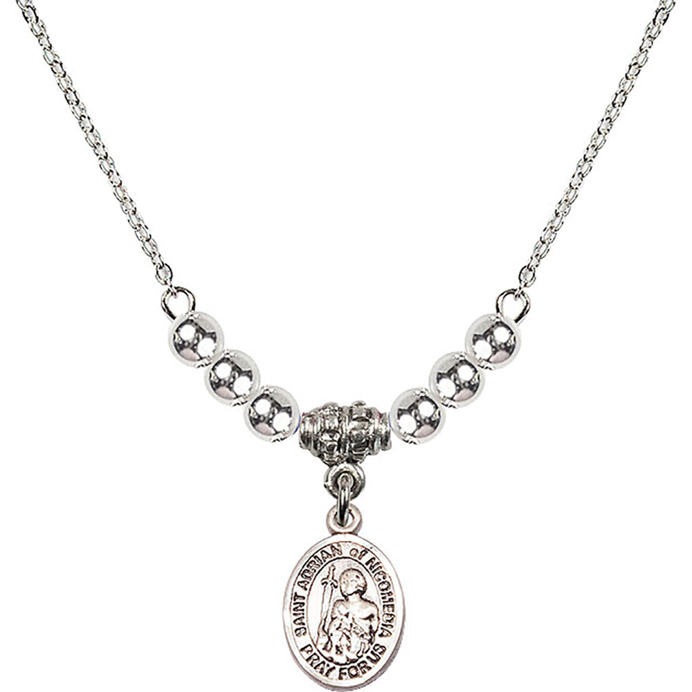 Sterling Silver Saint Adrian of Nicomedia Birthstone Necklace with Sterling Silver Beads - 9353