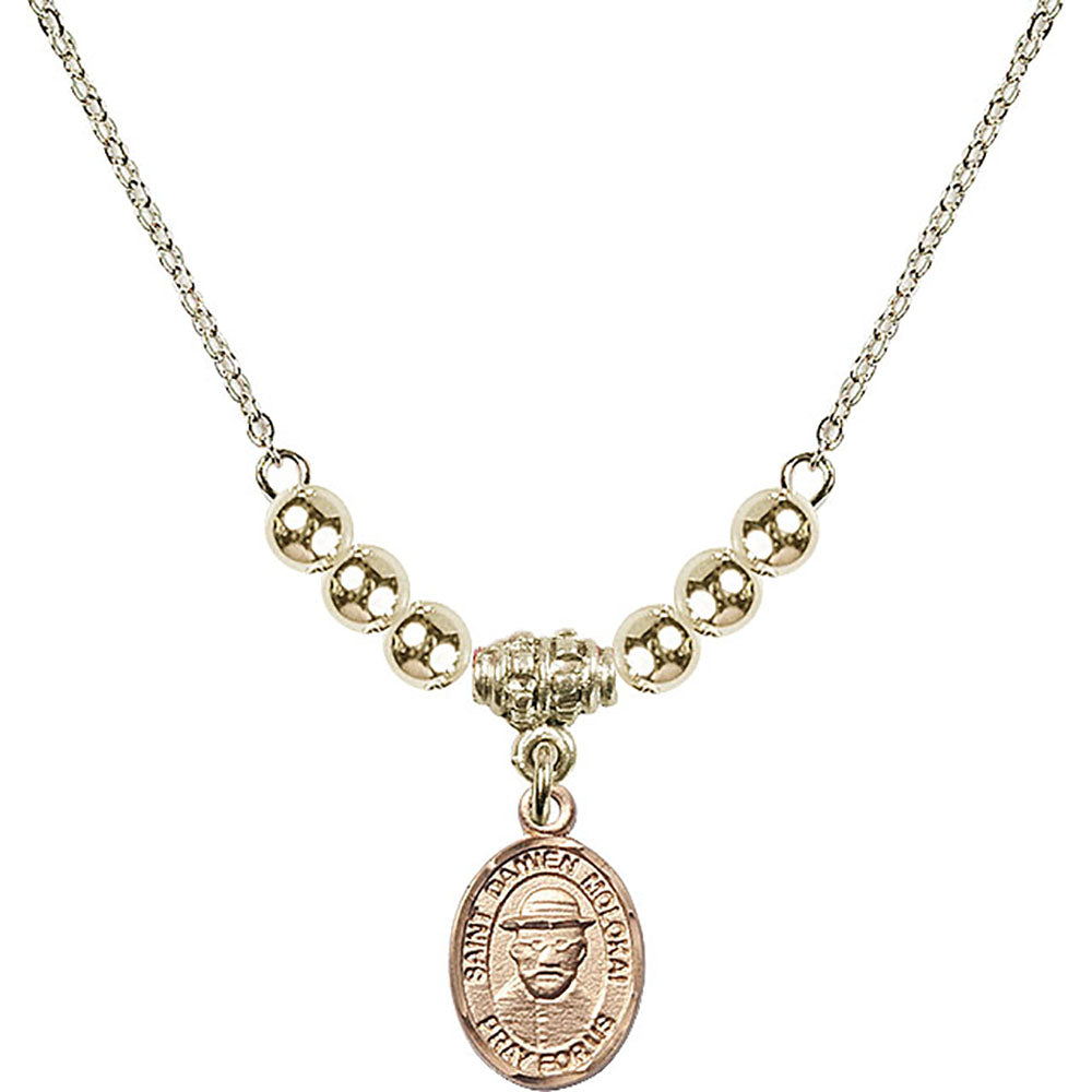 14kt Gold Filled Saint Damien of Molokai Birthstone Necklace with Gold Filled Beads - 9412