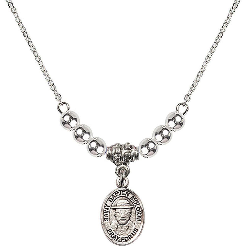 Sterling Silver Saint Damien of Molokai Birthstone Necklace with Sterling Silver Beads - 9412