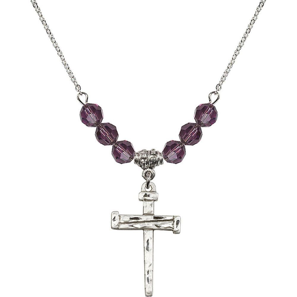 Sterling Silver Nail Cross Birthstone Necklace with Amethyst Beads - 0013