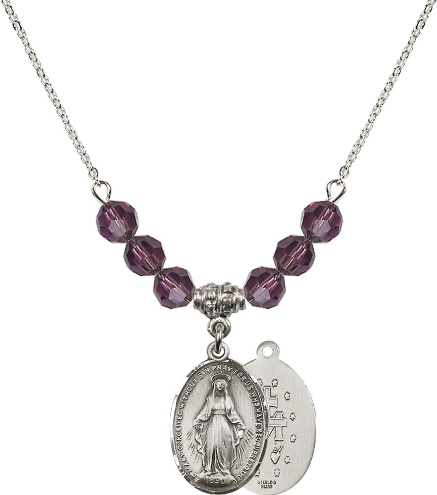 Sterling Silver Miraculous Birthstone Necklace with Amethyst Beads - 0015