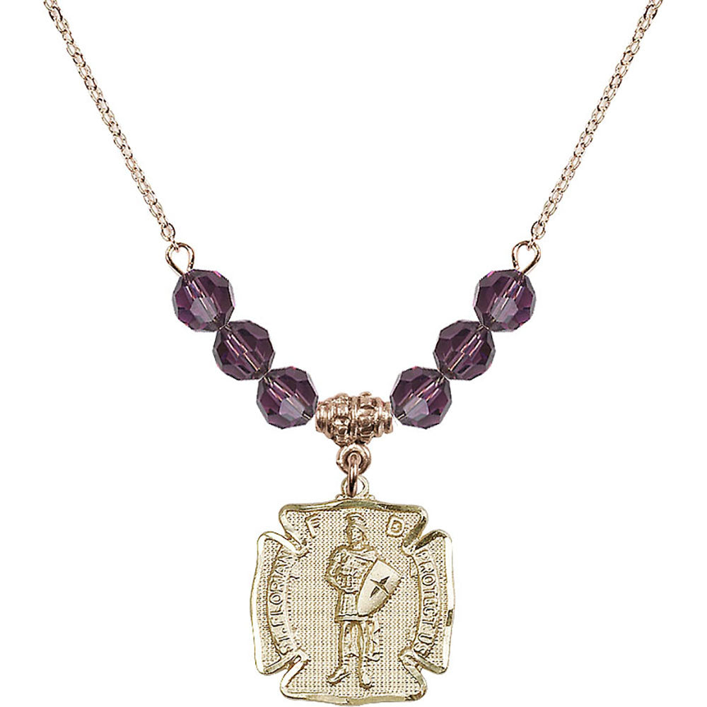 14kt Gold Filled Saint Florian Birthstone Necklace with Amethyst Beads - 0070