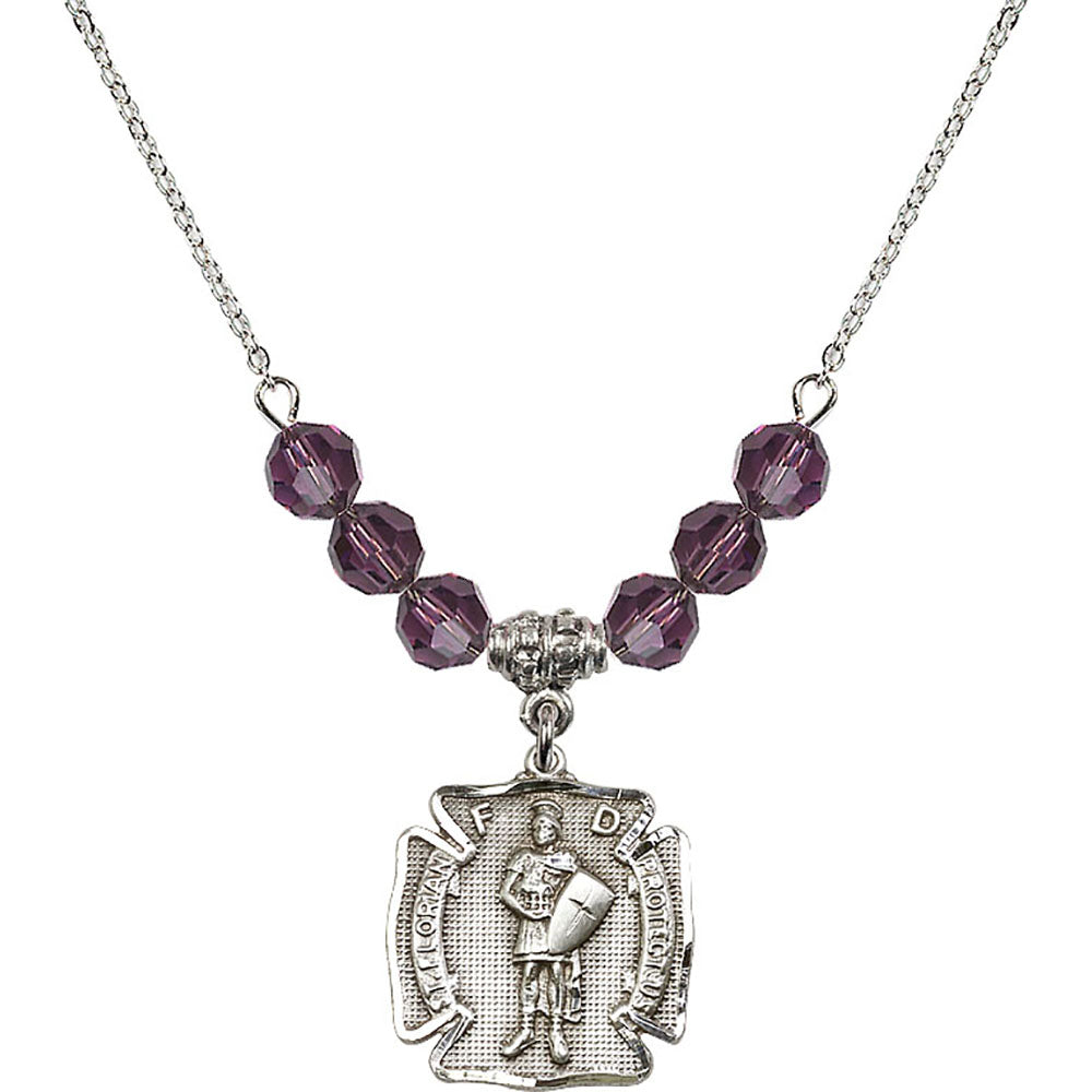 Sterling Silver Saint Florian Birthstone Necklace with Amethyst Beads - 0070