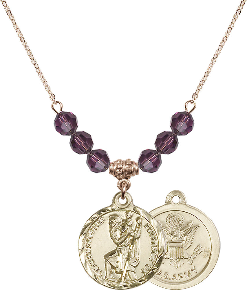 14kt Gold Filled Saint Christopher / Army Birthstone Necklace with Amethyst Beads - 0192