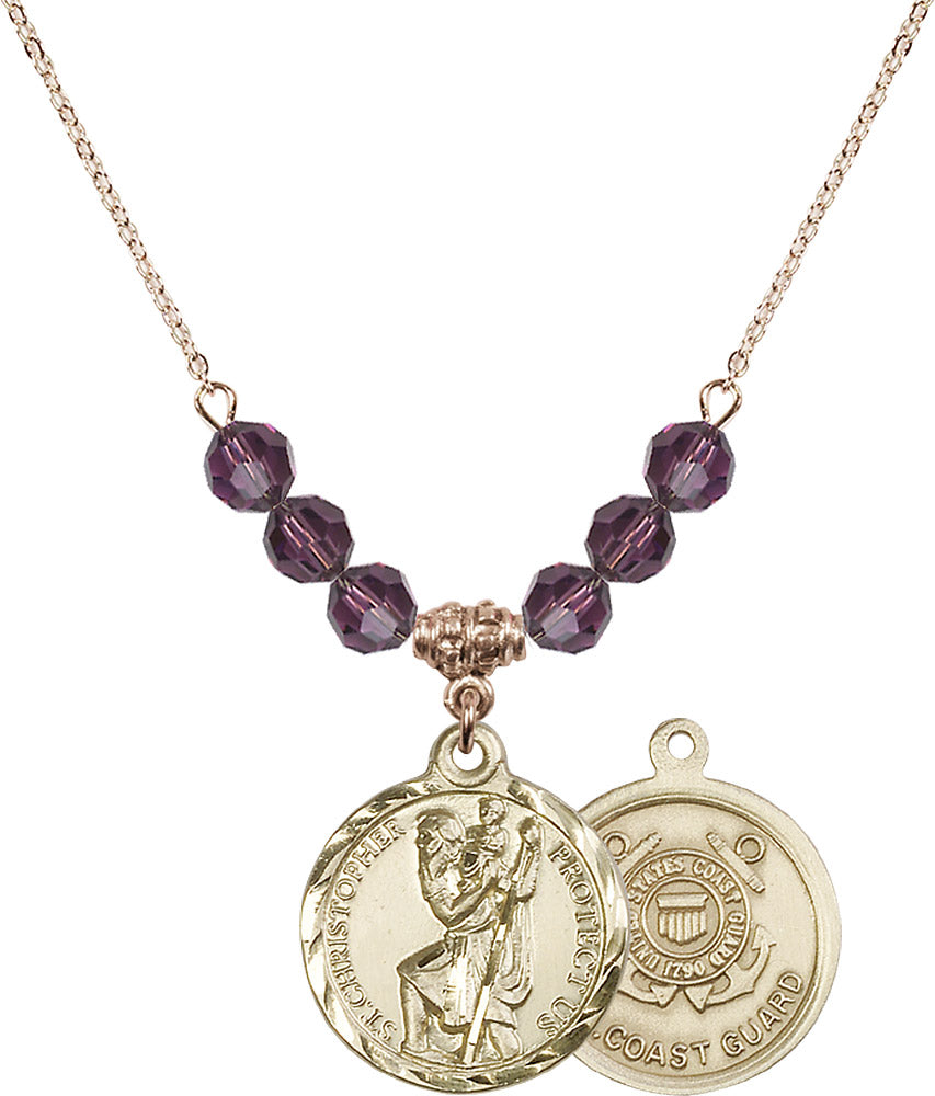 14kt Gold Filled Saint Christopher / Coast Guard Birthstone Necklace with Amethyst Beads - 0192