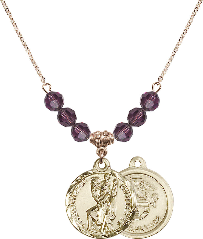 14kt Gold Filled Saint Christopher / Marines Birthstone Necklace with Amethyst Beads - 0192