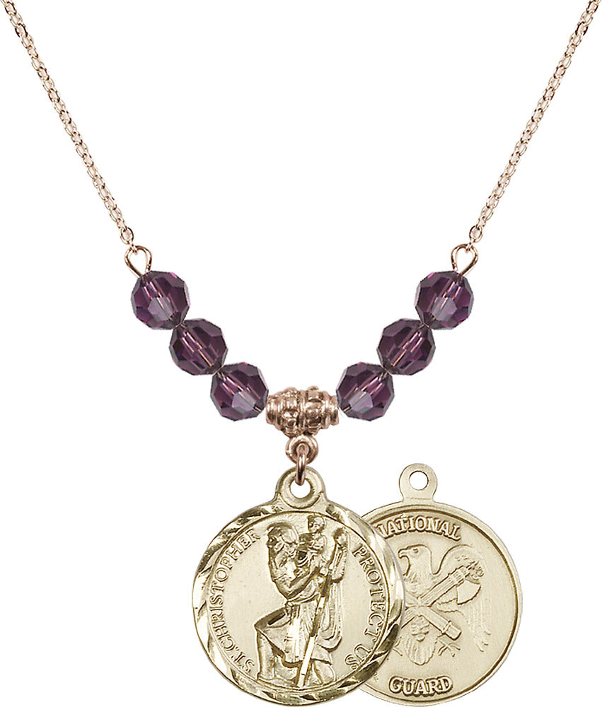 14kt Gold Filled Saint Christopher / Nat'l Guard Birthstone Necklace with Amethyst Beads - 0192