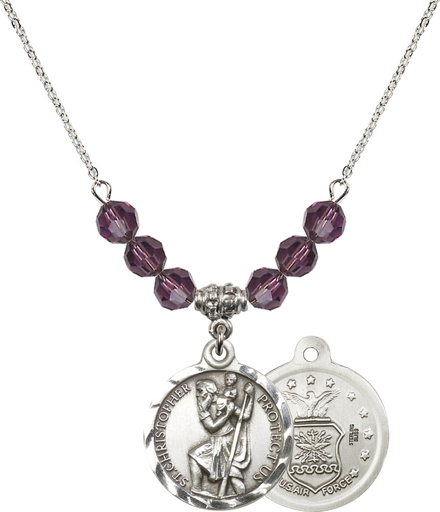 Sterling Silver Saint Christopher / Air Force Birthstone Necklace with Amethyst Beads - 0192