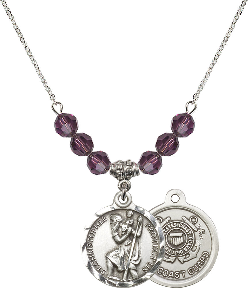 Sterling Silver Saint Christopher / Coast Guard Birthstone Necklace with Amethyst Beads - 0192