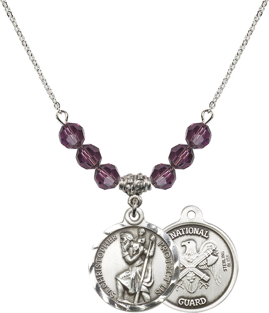 Sterling Silver Saint Christopher / Nat'l Guard Birthstone Necklace with Amethyst Beads - 0192