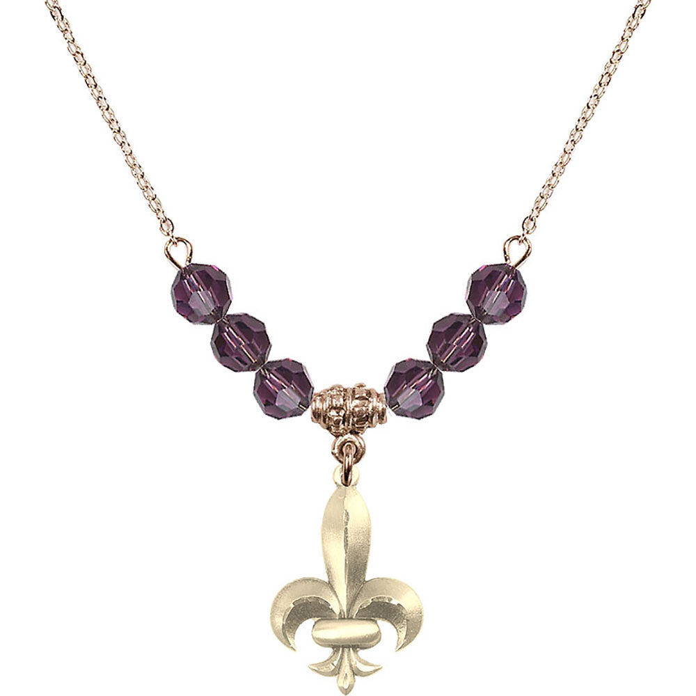 14kt Gold Filled Fleur de Lis Birthstone Necklace with Amethyst Beads - 0294