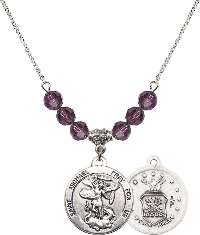 Sterling Silver Saint Michael / Air Force Birthstone Necklace with Amethyst Beads - 0342