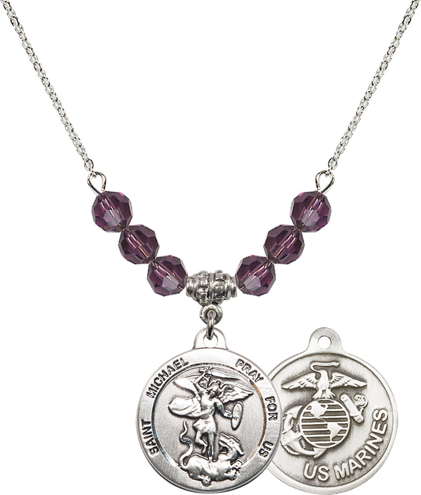 Sterling Silver Saint Michael / Marines Birthstone Necklace with Amethyst Beads - 0342