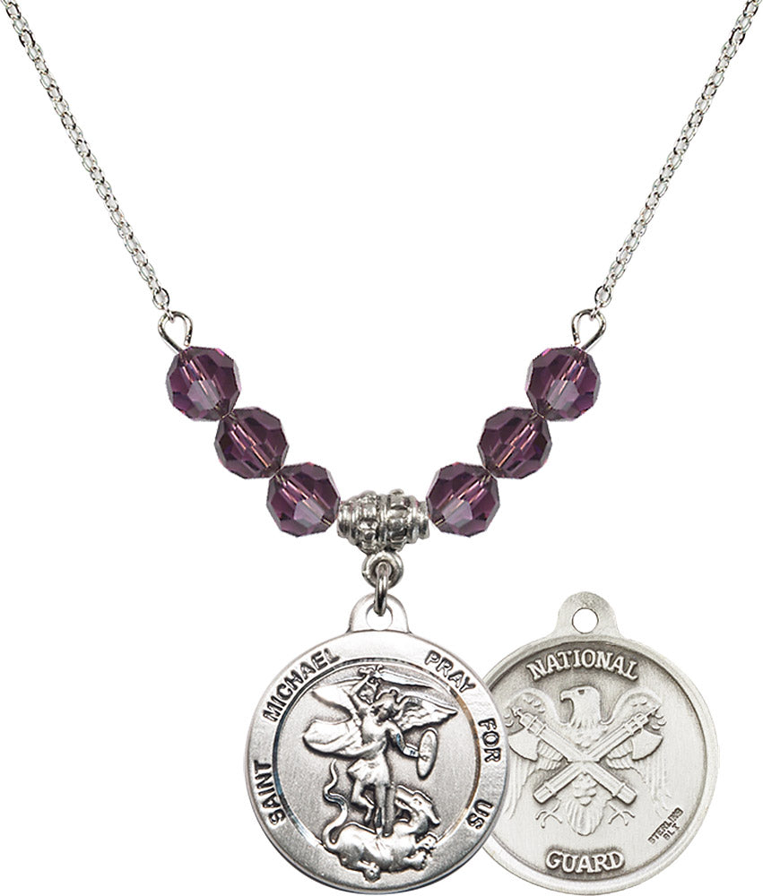 Sterling Silver Saint Michael / Nat'l Guard Birthstone Necklace with Amethyst Beads - 0342